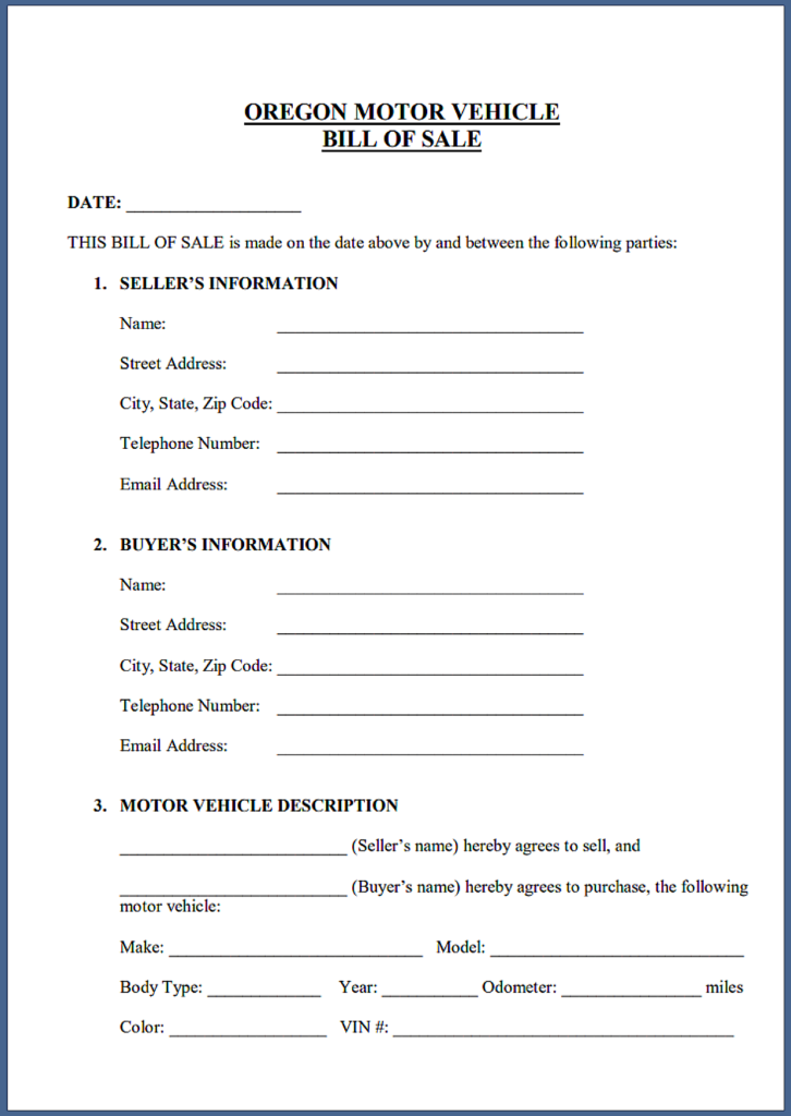 DMV Bill of Sale Form Oregon