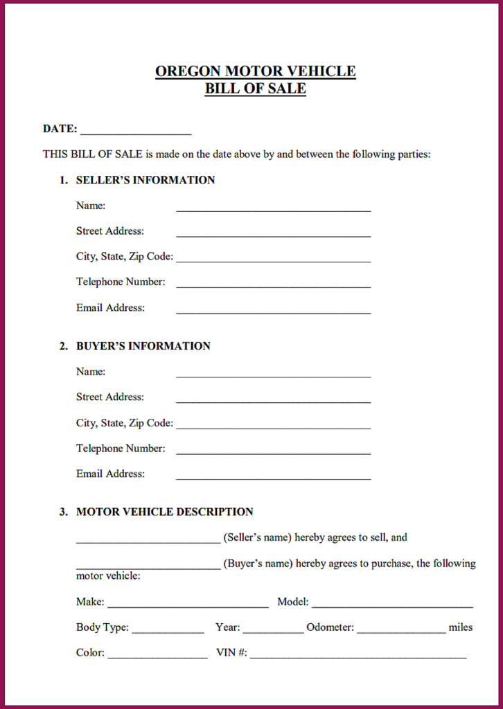 Oregon Vehicle Bill of Sale